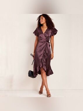 Francesca’s Clare Wrapped Satin Floral Print Midi Dress in Brown NWT